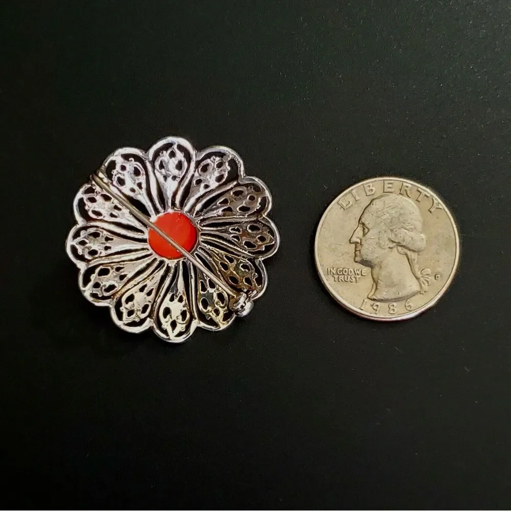 Coral Silver‎ Brooch 835 Silver European Vintage Marked Signed, 1.25